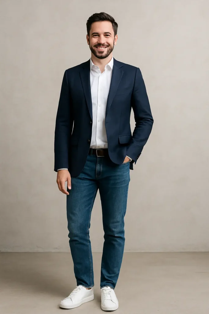 homem vestindo uma camisa social, um blazer azul-marinho, calça jeans e um tênis branco minimalista